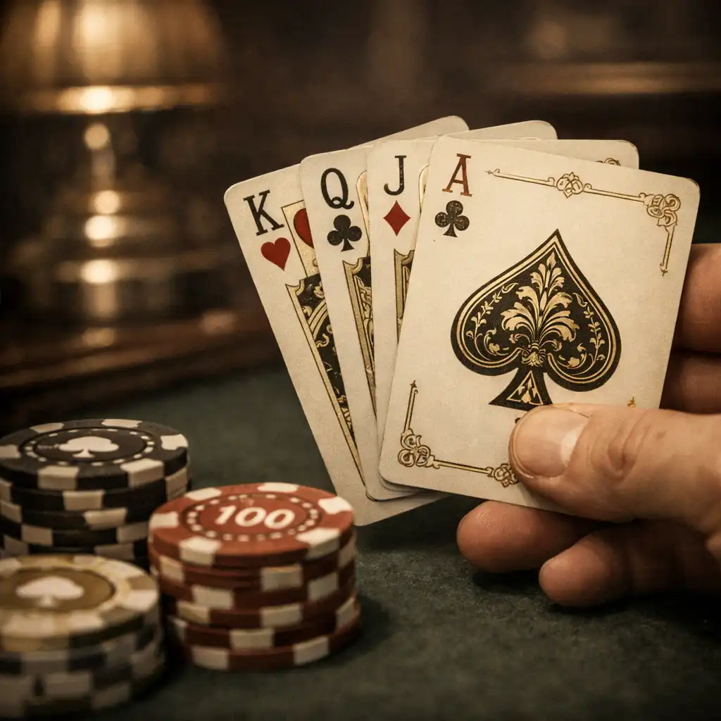 Close-up of playing cards and symbolic poker chips on a green felt table in the Card Lounge