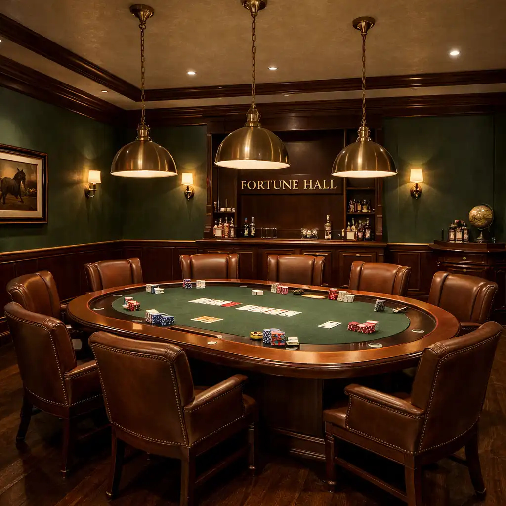 Interior of the Fortune Hall card lounge with timber poker table, leather chairs, and brass lamps