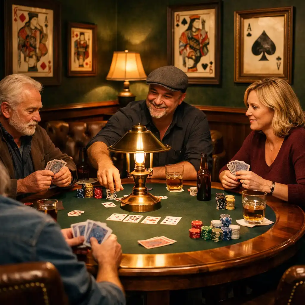 Card lounge at Fortune Hall with a round timber poker table, leather chairs, and brass lamps