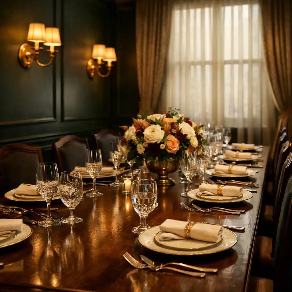 Private dining room at Fortune Hall with a long timber table set with fine china and crystal glasses