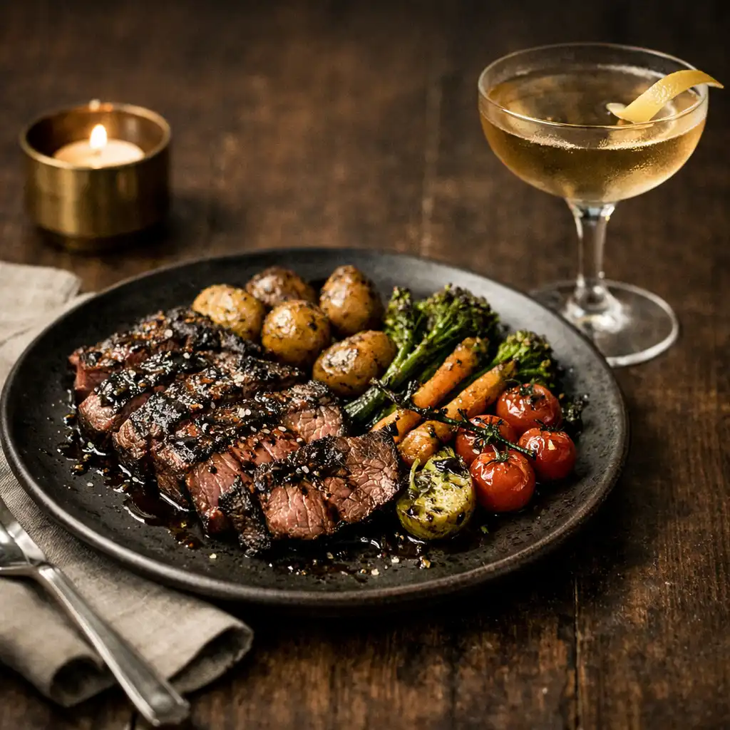 Elegant plated grilled steak with roasted vegetables and a classic cocktail on a dark wood table