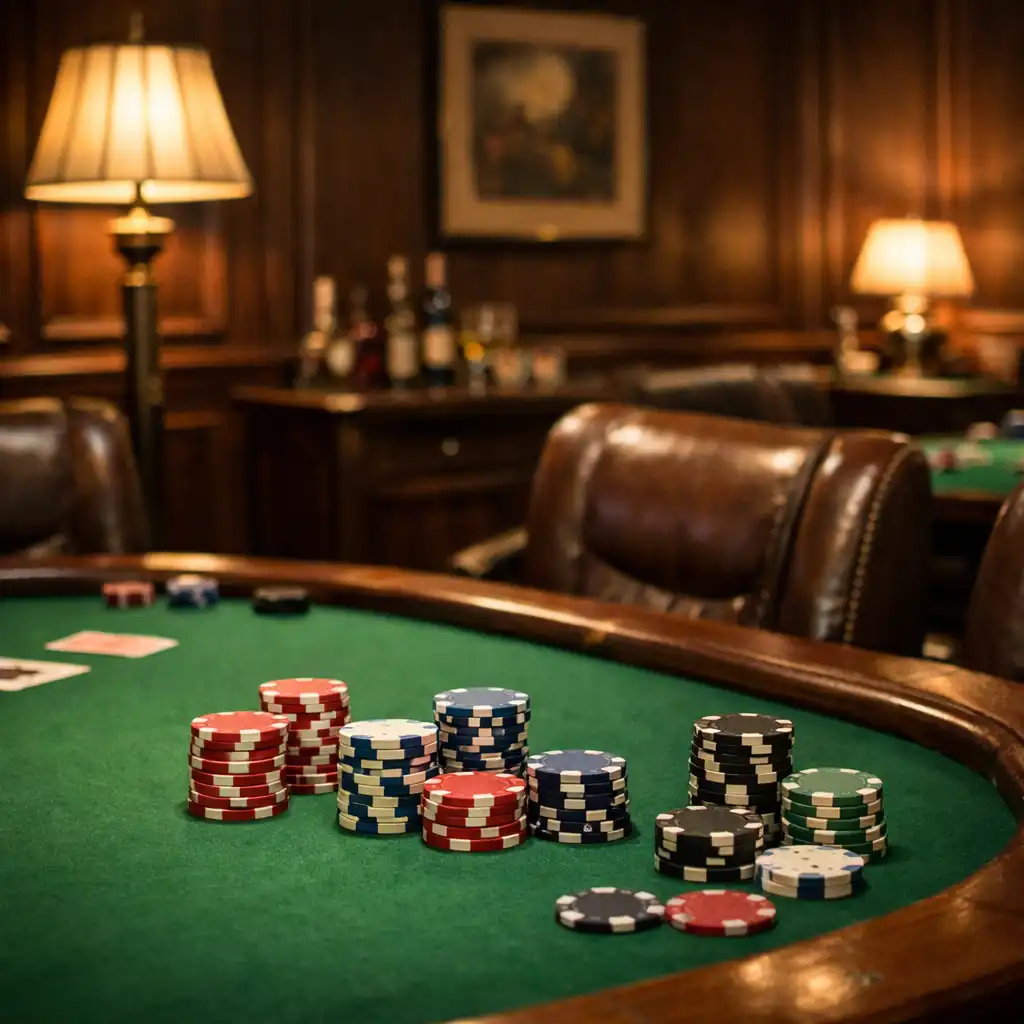 Card lounge with a physical poker table, green felt, and symbolic chips