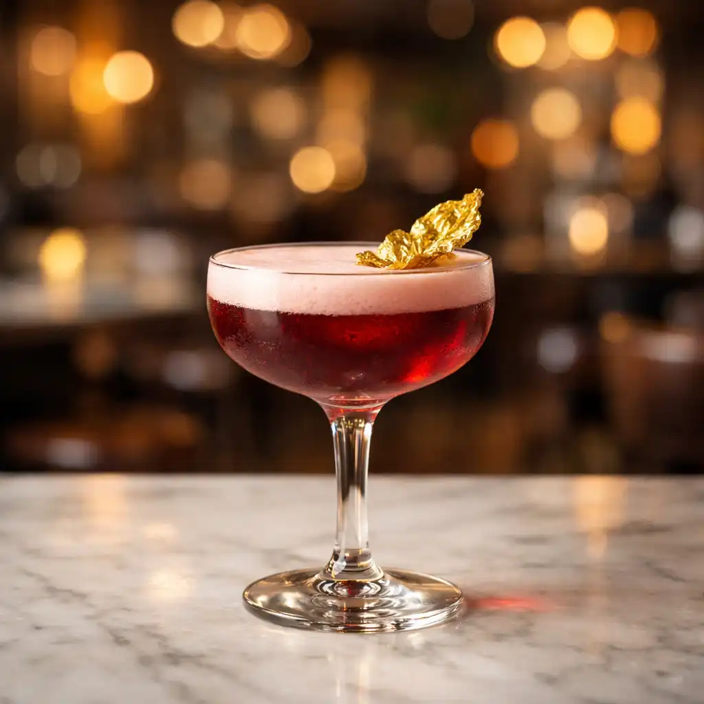 Signature cocktail with a gold garnish on a marble bar top