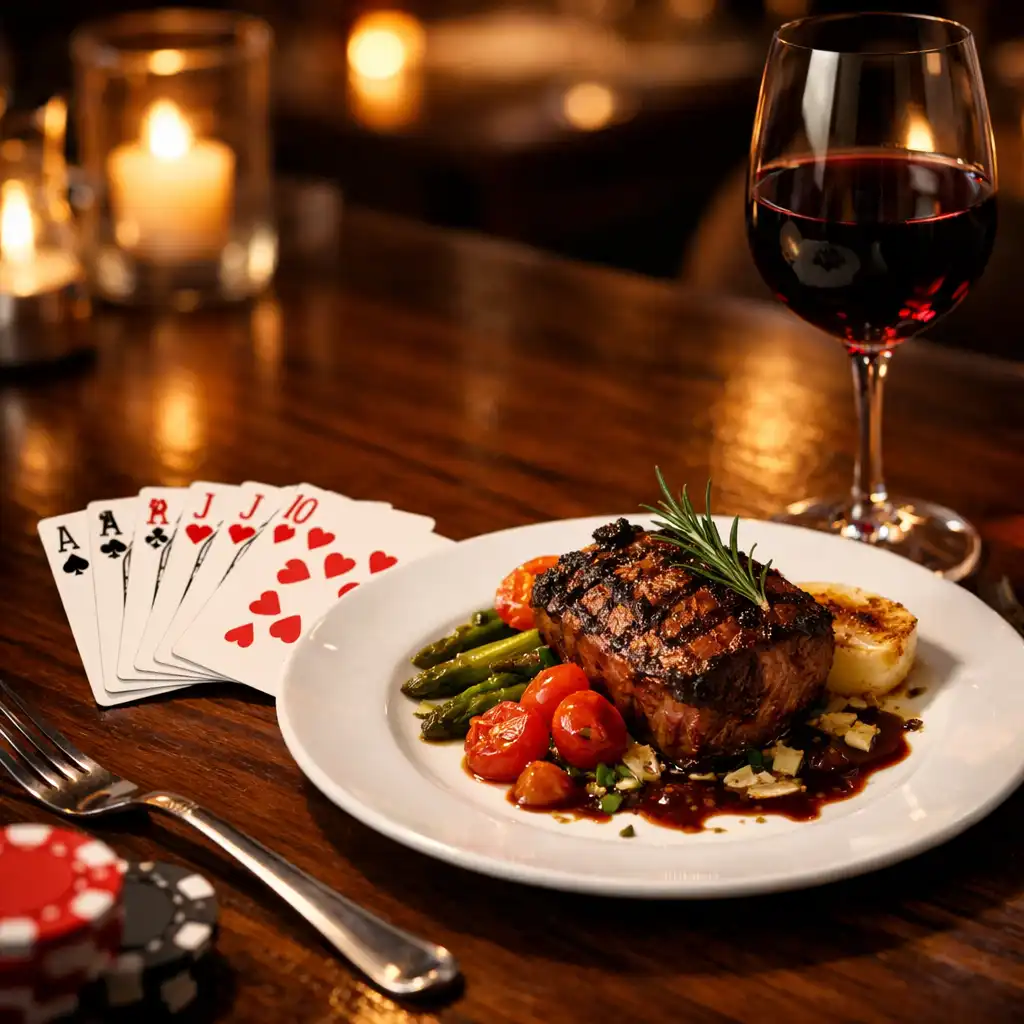 A dining table with a plated grill main, red wine, and a fan of playing cards