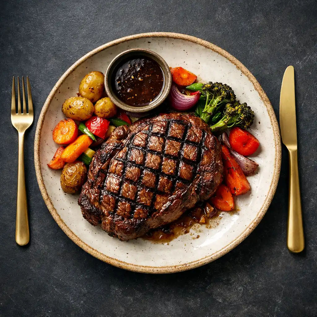 Premium grilled steak with roasted vegetables and sauce