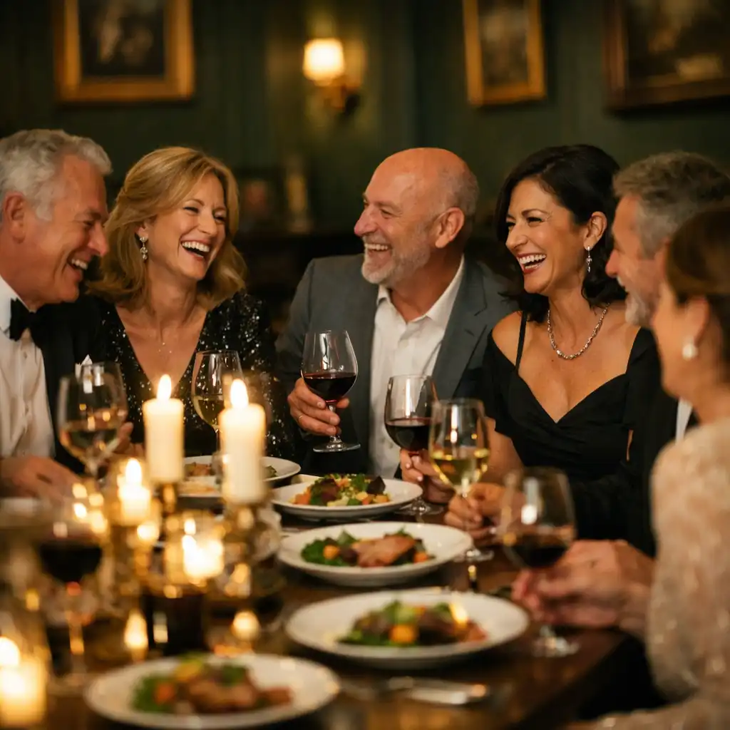 Group of guests dining together at a long table in the heritage restaurant