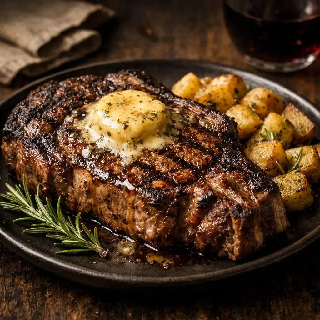 Dry-aged ribeye with bone marrow butter and rosemary potatoes