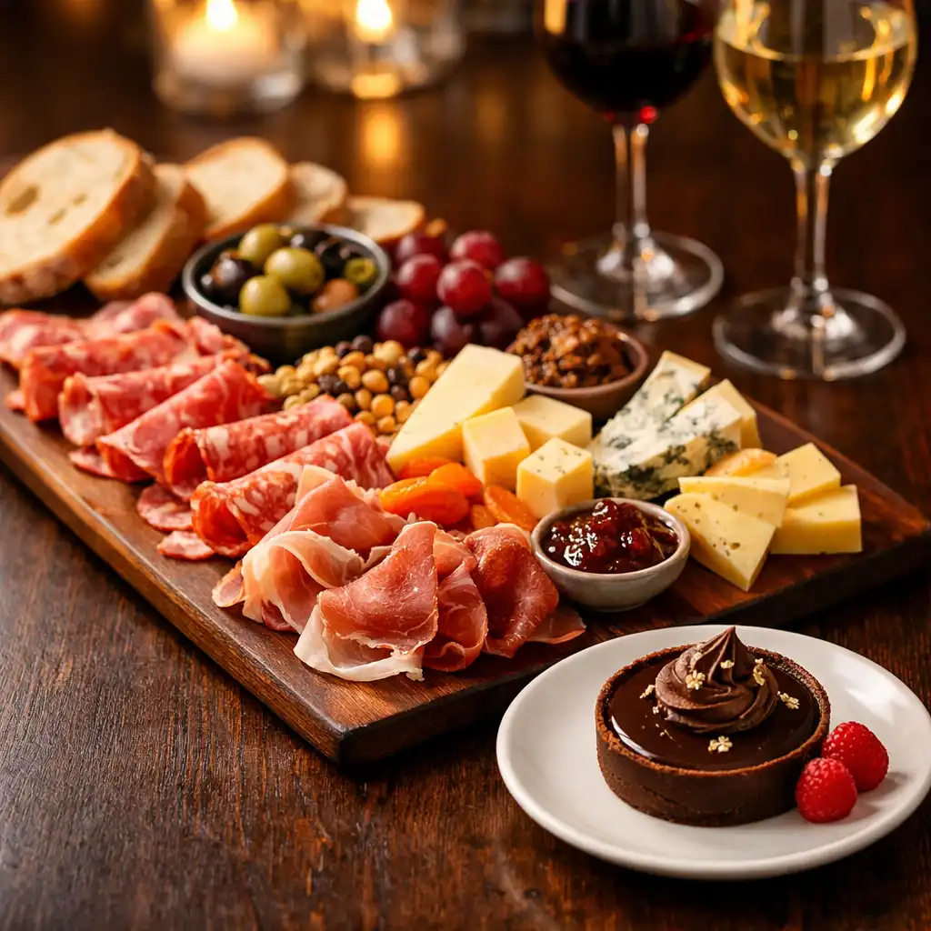 Shared starter platter with charcuterie, cheeses, and a chocolate tart