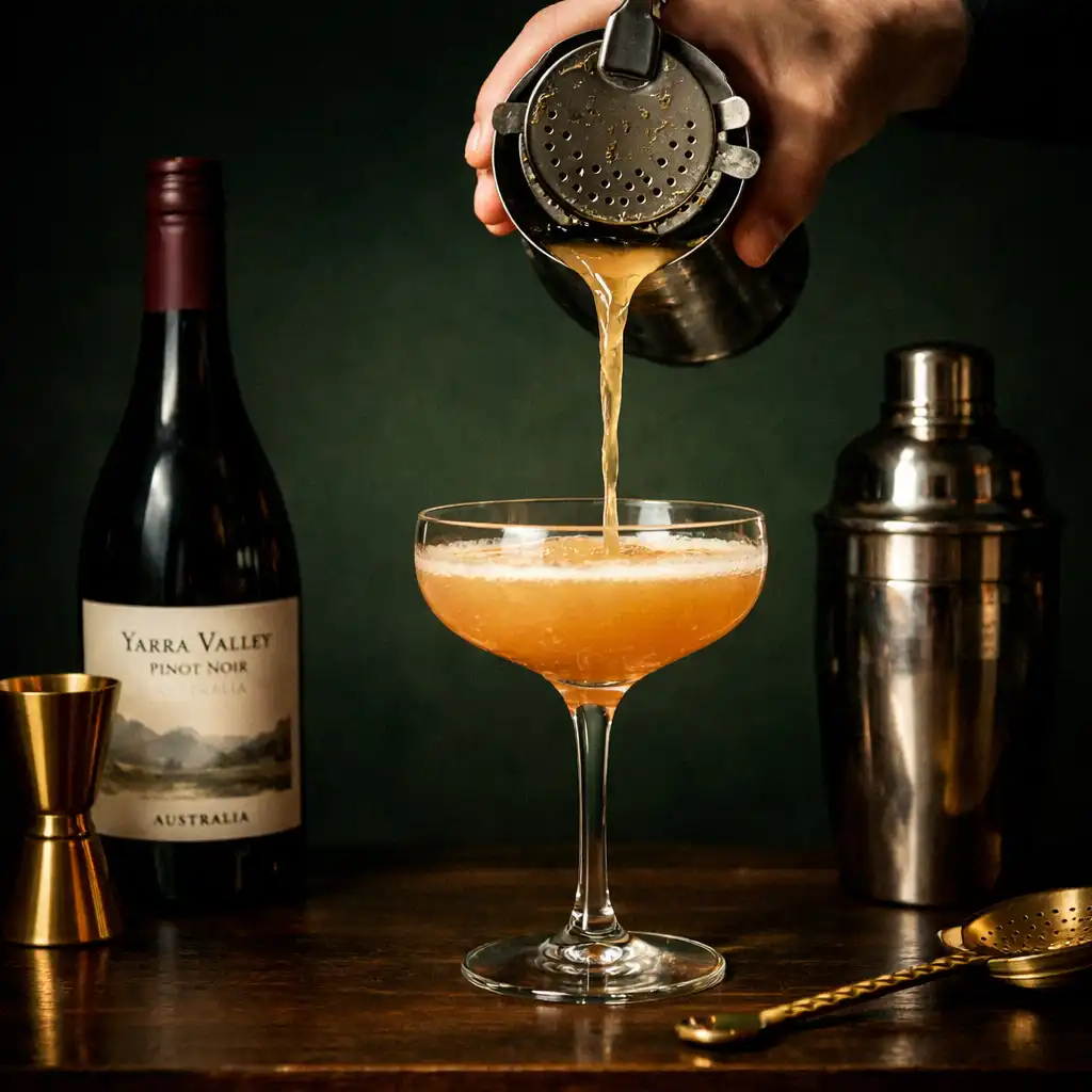 Craft cocktail being poured into a coupe glass with wine and bar tools