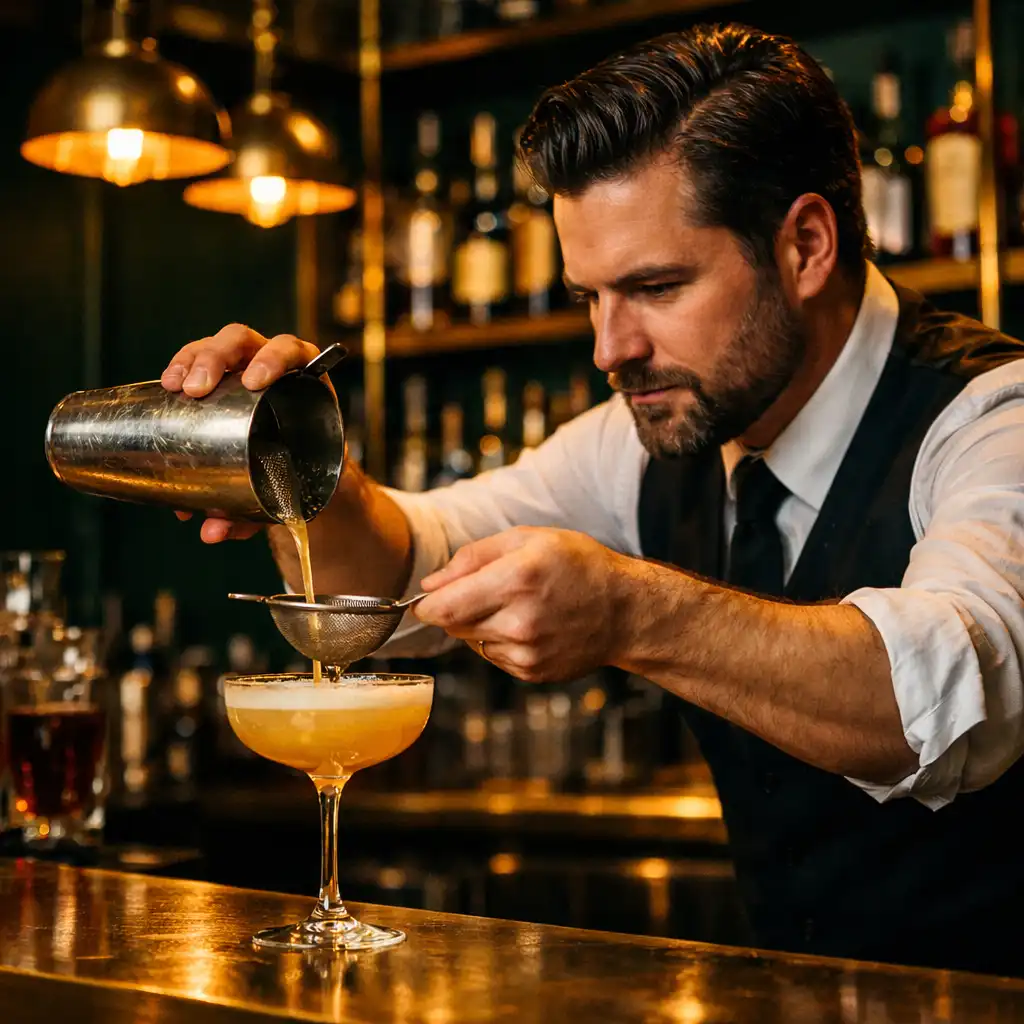 Bartender crafting a cocktail at the brass-accented bar at Fortune Hall