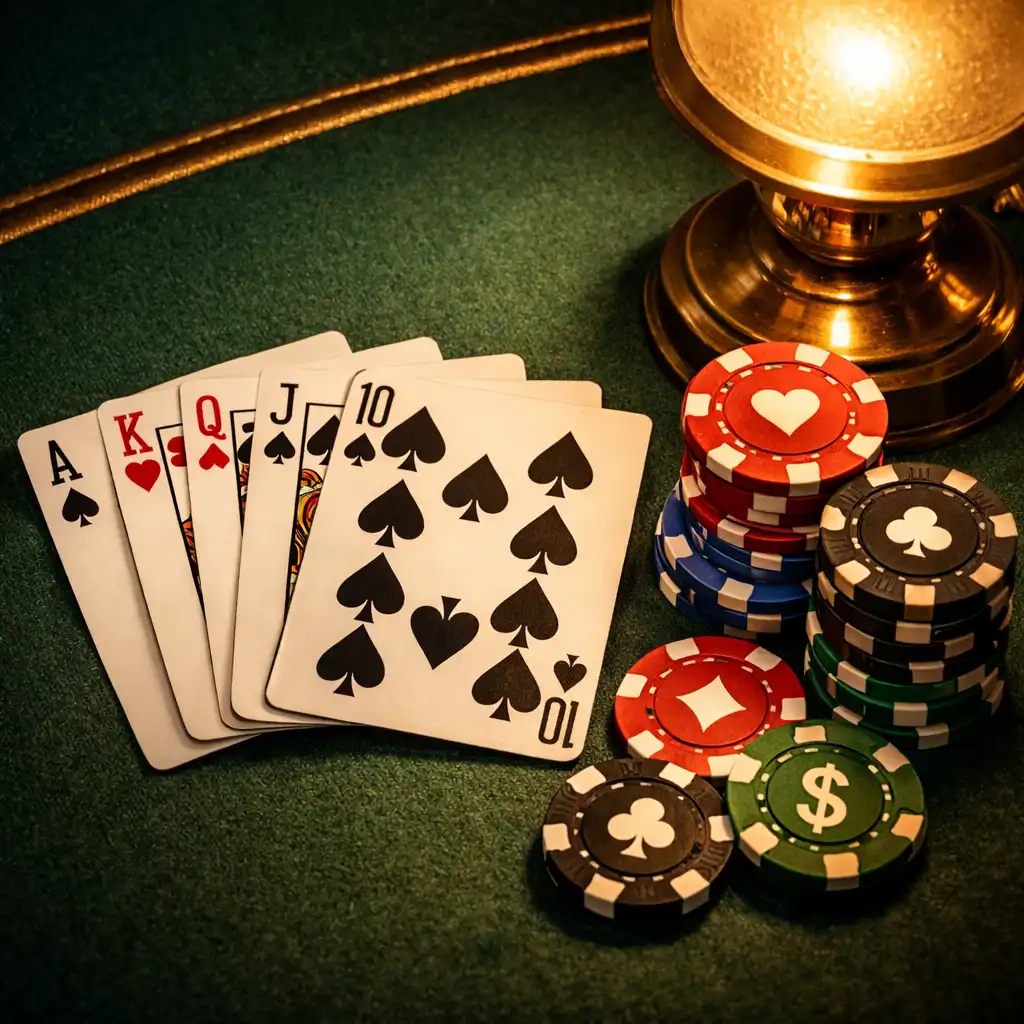 Close-up of a poker table with playing cards, symbolic chips, and a brass lamp