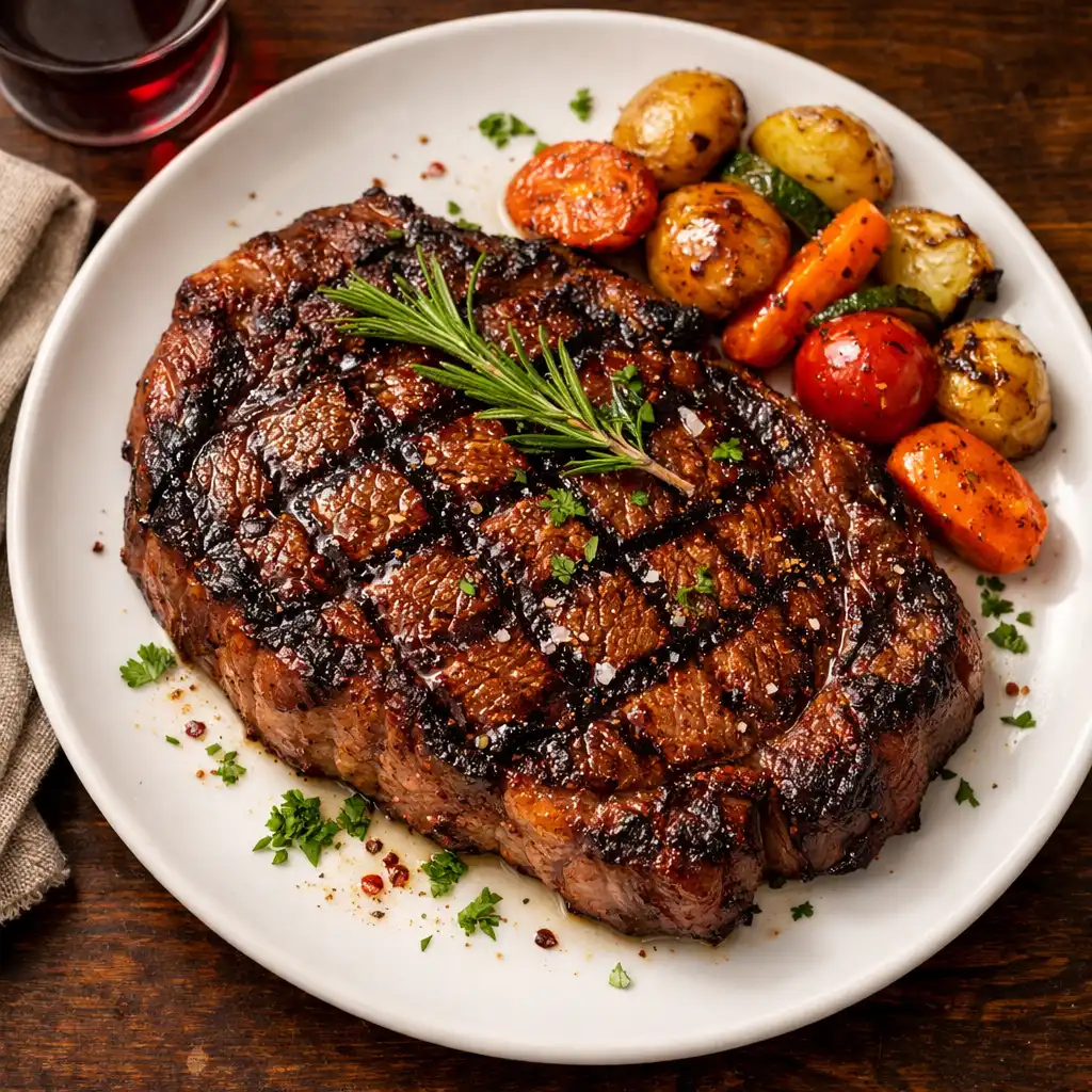 Perfectly grilled steak on a white plate with roasted vegetables and a glass of red wine