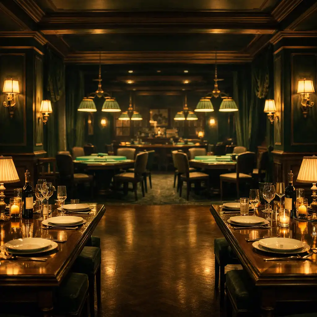 Grand dining hall at Fortune Hall with elegant timber tables and poker tables in the distance