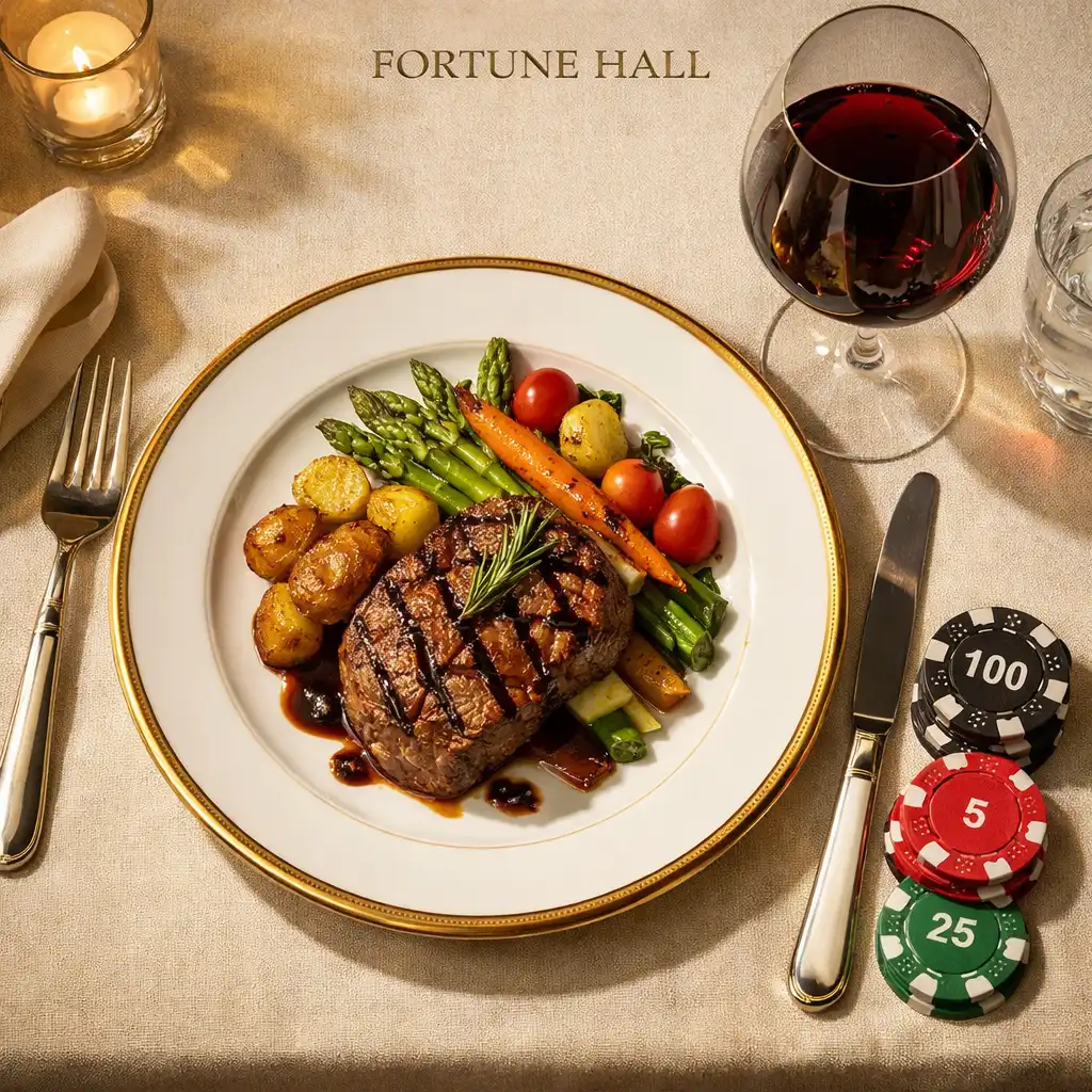 Top-down view of an elegant dining table with grilled dish, wine, and symbolic poker chips