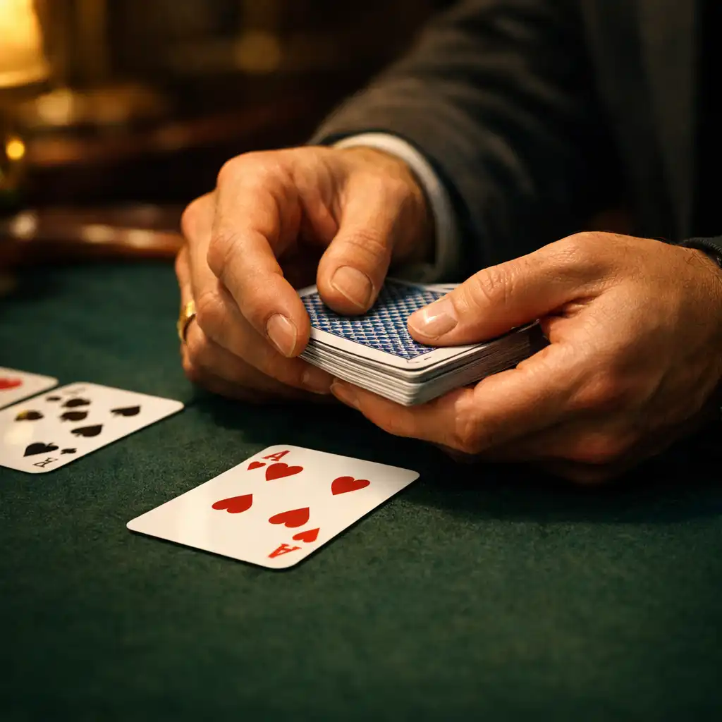 Close-up of hands dealing playing cards on a dark green felt poker table