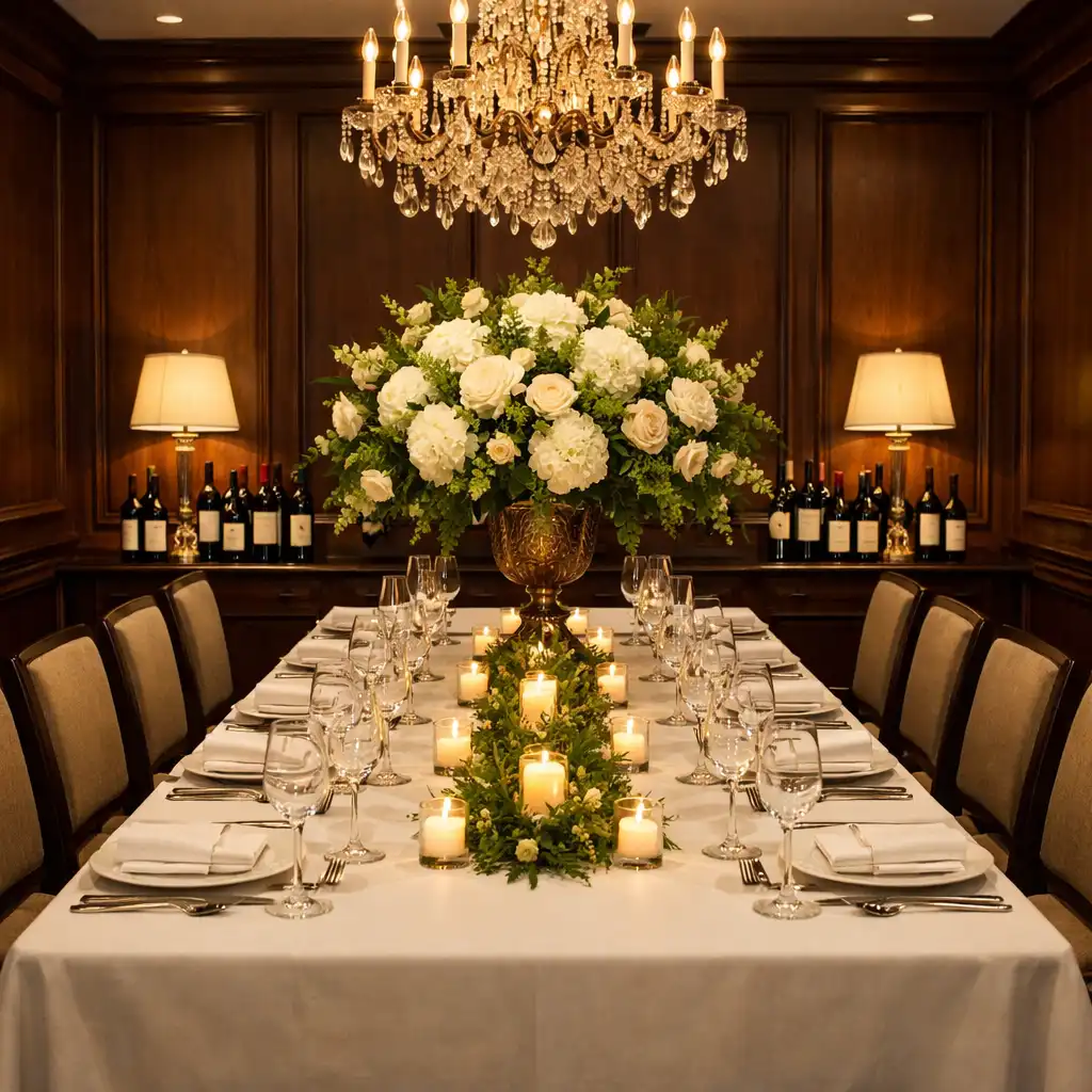 Private dining room at Fortune Hall set for a corporate dinner with a long table and chandelier