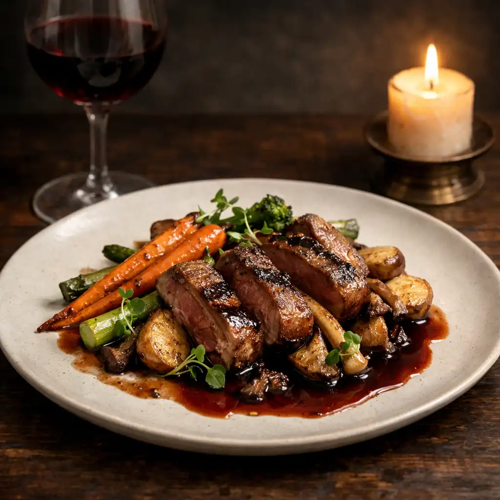 Elegant plated dish with grilled meat, seasonal vegetables, and a glass of red wine on a dark wooden table