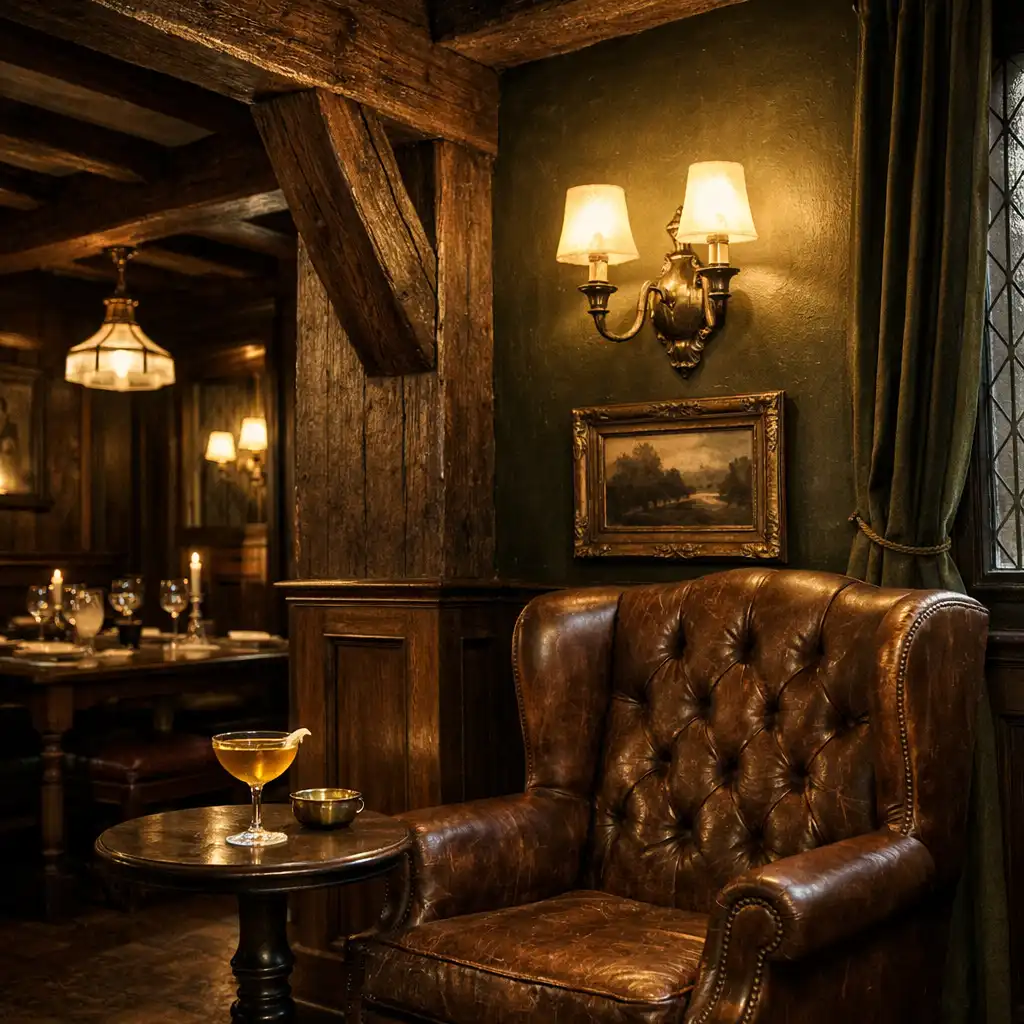 Heritage dining hall interior with original timber beams, brass light fixtures, and a leather armchair