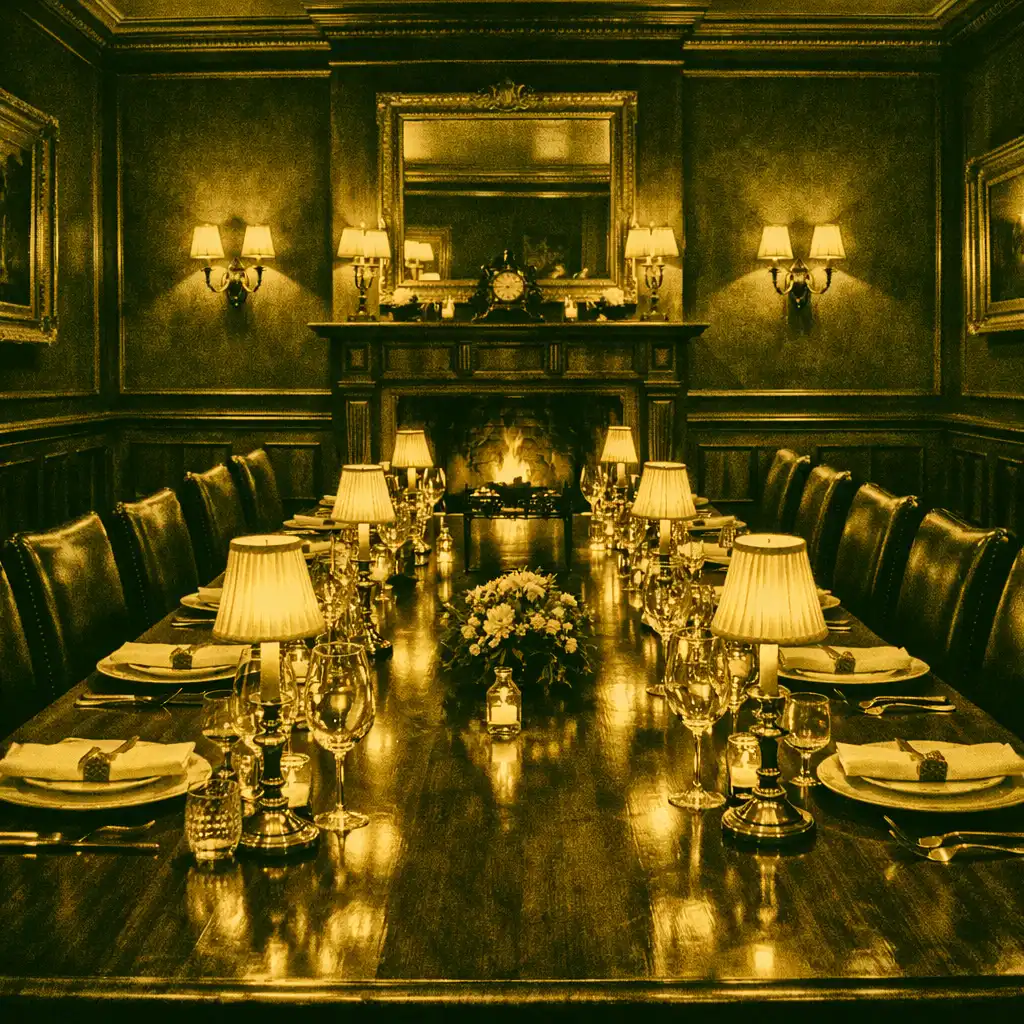 Grand private dining room with a long timber table, brass lamps, and dark green heritage walls