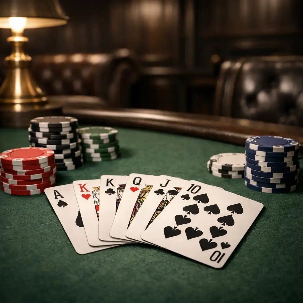 Close-up of a social poker table with playing cards, symbolic chips, and warm brass lighting